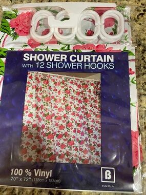 Floral Rose Vinyl Shower Curtain with 12 Hooks - Pink